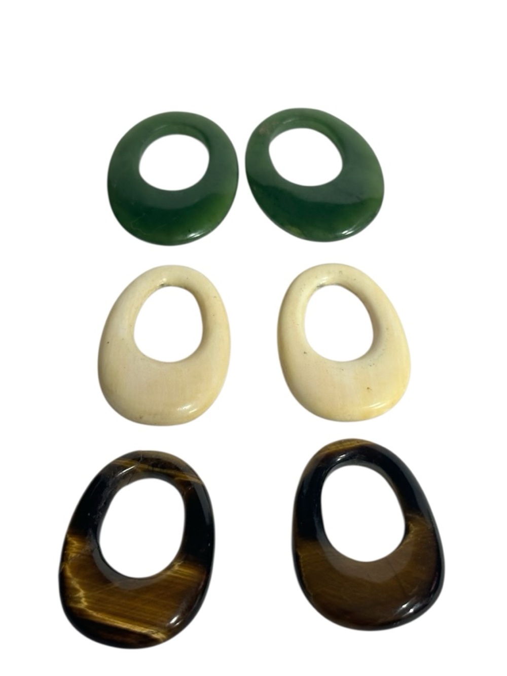 Set of 3 Vintage Oval Donut Hole Earring Charms Green Tiger Eye Cream